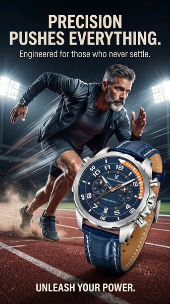sports watch, chronograph watch, athletic watch, men's watch, performance watch, brand awareness, product launch, outdoor, energetic, bold, blue, orange
